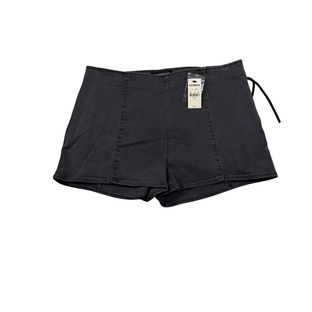 Express High Rise Seamed Denim Shorts Charcoal Gray Side Zip Tassel Size 8 NEW